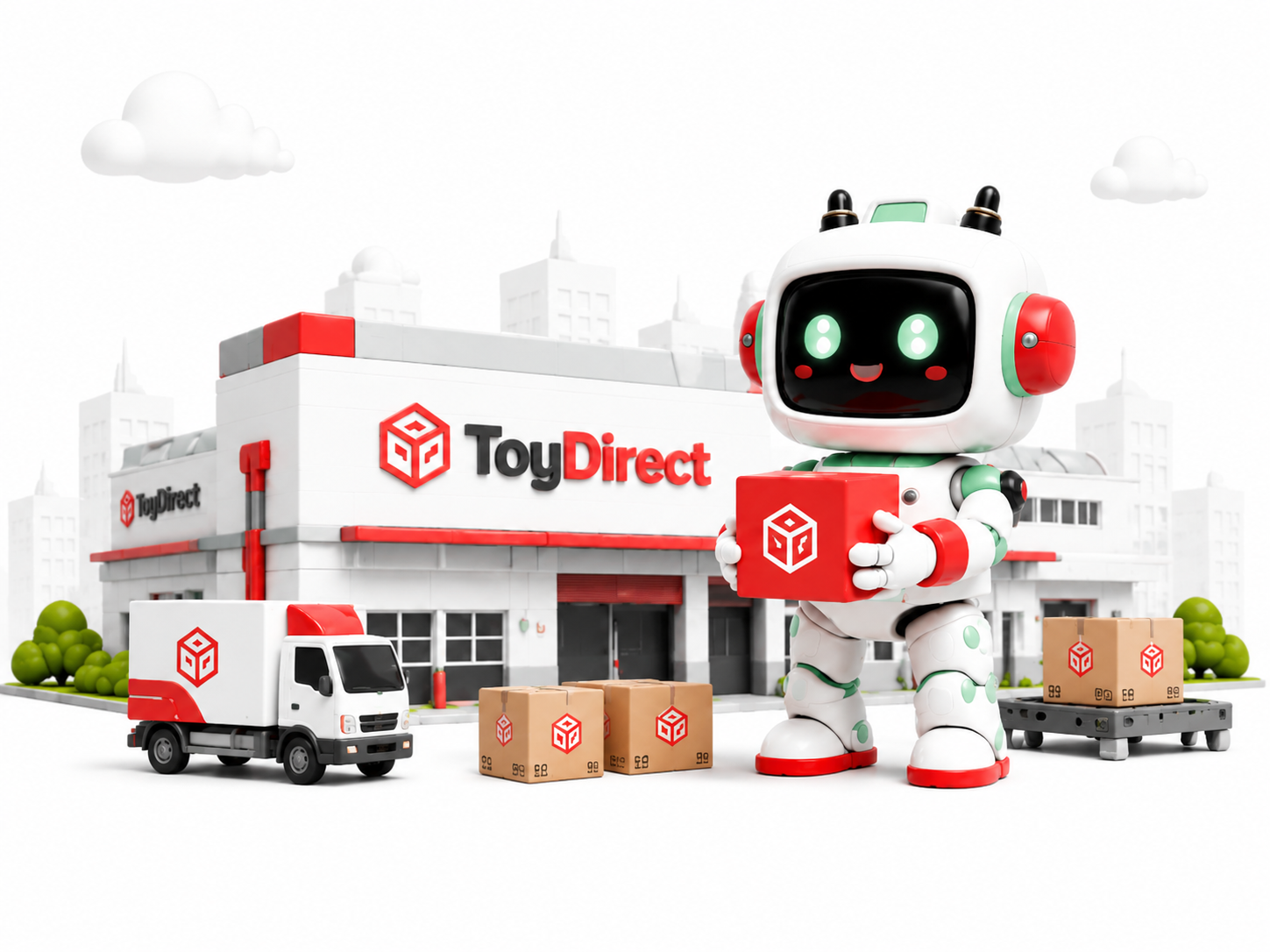 ToyDirect robot mascot at factory with delivery truck